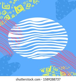 Blue abstract background and different geometrical shapes of red yellow and white color drawn by hand in doodle style. Copy space.