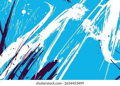Blue abstract background with dynamic white and dark purple paint splatters. Energetic strokes and chaotic textures create a bold, contemporary artistic statement for modern designs.