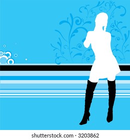 Un fondo abstracto azul con un diseño de flores y una joven sexy con botas posando