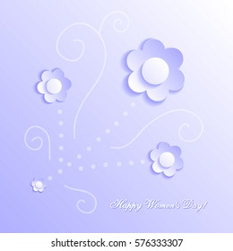 Blue abstract background with blue flowers. Delicate 3D greeting card for the International Women's Day. Congratulations on March 8! Cut paper elements. Origami, applique. World Day of the woman. 