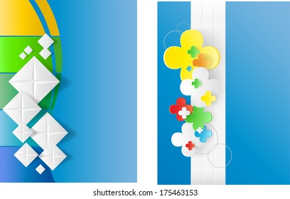 blue abstract background with flowers and squares