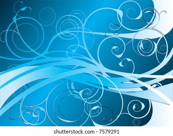 blue abstract background with flowing floral lines and a blue sheen