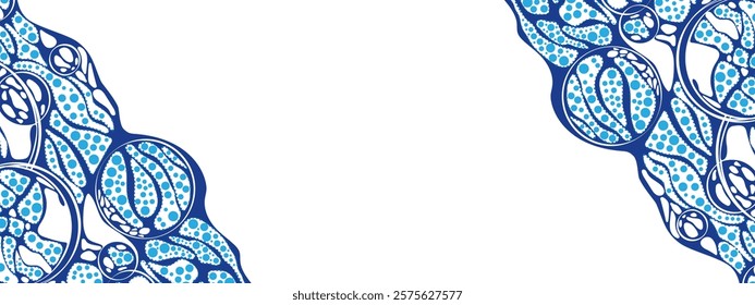 Blue abstract background frame. Group of cells, information grid. Neuro graphics. Vector texture of chaotic lines, particles, circles.  Banner for business, technology, medicine, presentations.