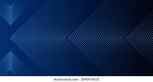 Blauer abstrakter Hintergrund mit leuchtenden Pfeillinien. Modernes Design mit glänzend blauen geometrischen Linien. Technologie futuristisches Konzept. Vorlage für horizontale Banner. Anzug für Cover, Header, Poster, Banner, Web