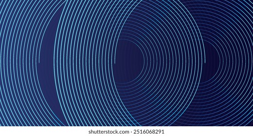 Fundo abstrato azul com círculos brilhantes. Padrão de linhas circulares giratórias. Espiral geométrica. Elemento de giro. Design gráfico moderno. Conceito de tecnologia futurista.