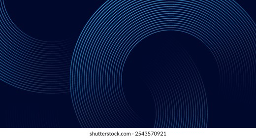 Fundo abstrato azul com círculos brilhantes. Padrão de linhas circulares giratórias. Espiral geométrica. Elemento de giro. Design gráfico moderno