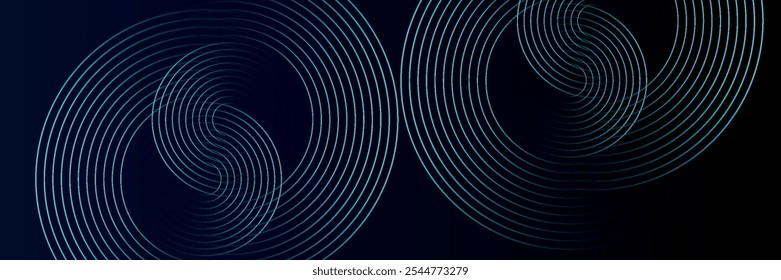 Fundo abstrato azul com círculos brilhantes. Padrão de linhas circulares giratórias. Espiral geométrica. Elemento de giro. Design gráfico moderno.