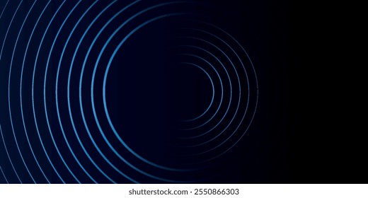Fundo abstrato azul com círculos brilhantes. Padrão de linhas circulares giratórias. Espiral geométrica. Elemento de giro. Design gráfico moderno. Conceito de tecnologia futurista.