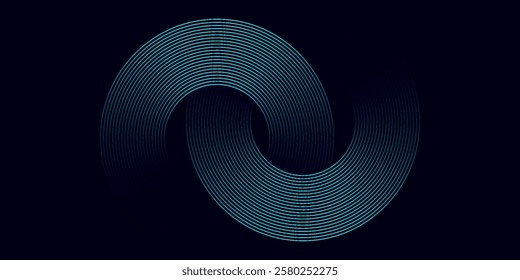 Blue abstract background with glowing circles. Swirl circular lines pattern. Geometric spiral. Twirl element. Modern graphic desi