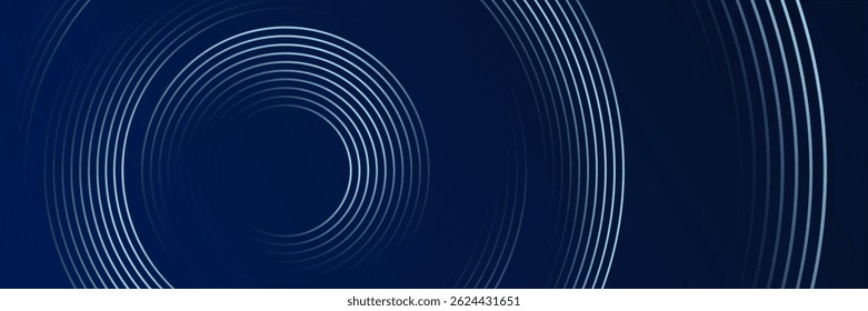 Fondo abstracto azul con círculos brillantes. Patrón de líneas circulares. Espiral geométrica. Elemento giratorio. Diseño gráfico moderno. Concepto de tecnología futurista. Ilustración vectorial.