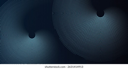 Blue abstract background with glowing circles. Swirl circular lines pattern. Geometric spiral.