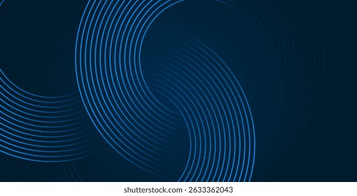 Blue abstract background with glowing circles and swirling spiral lines. Modern geometric twirl pattern design ideal for posters, banners, and presentations.