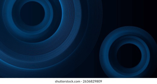 Blue abstract background with glowing circles. Swirl circular lines pattern. Geometric spiral. Twirl element. Modern graphic design. Futuristic technology concept.