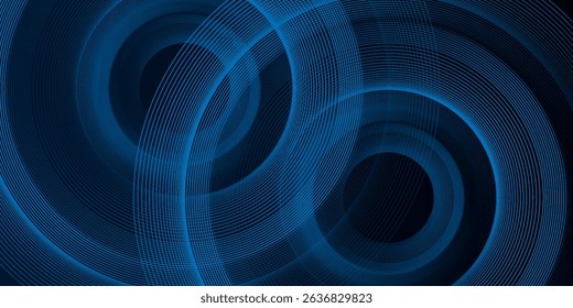 Blue abstract background with glowing circles. Swirl circular lines pattern. Geometric spiral.