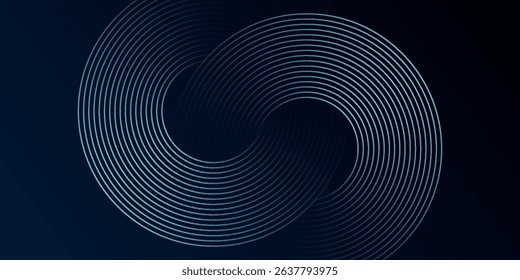 Blue abstract background with glowing circles. Swirl circular lines pattern. Geometric spiral. Twirl element. Modern graphic design. Futuristic technology concept.