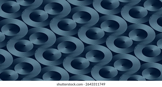 Fondo abstracto azul con círculos brillantes. Patrón de líneas circulares. Espiral geométrica. Elemento giratorio. Diseño gráfico moderno. Concepto de tecnología futurista.