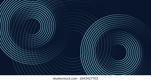 Fundo abstrato azul com círculos brilhantes. Padrão de linhas circulares giratórias. Espiral geométrica. Elemento de giro. Design gráfico moderno. Conceito de tecnologia futurista.