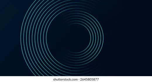 Fundo abstrato azul com círculos brilhantes. Padrão de linhas circulares giratórias. Espiral geométrica. Elemento de giro. Design gráfico moderno. Conceito de tecnologia futurista.