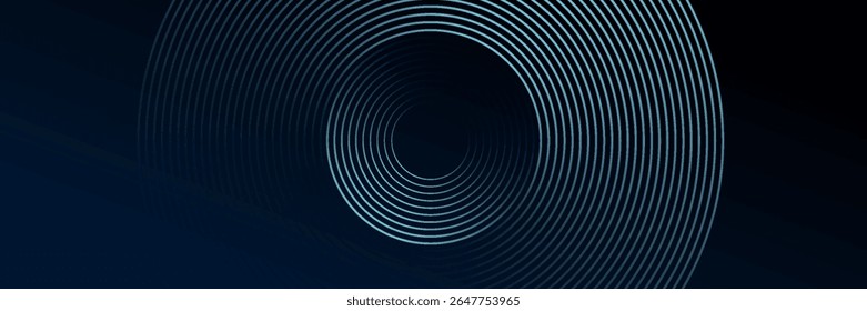 Fundo abstrato azul com círculos brilhantes. Padrão de linhas circulares giratórias. Espiral geométrica. Elemento de giro. Design gráfico moderno. Conceito de tecnologia futurista.