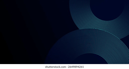 Fundo abstrato azul com círculos brilhantes. Padrão de linhas circulares giratórias. Espiral geométrica. Elemento de giro. Design gráfico moderno. Conceito de tecnologia futurista.