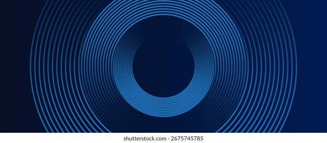 Fondo abstracto azul con círculos brillantes. Patrón de líneas circulares. Espiral geométrica. Elemento giratorio. Diseño gráfico moderno. Concepto de tecnología futurista. Ilustración vectorial