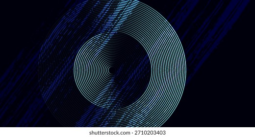 Fondo abstracto azul con círculos brillantes. Patrón de líneas circulares. Espiral geométrica. Elemento giratorio. Diseño gráfico moderno. Ilustración de tecnología futurista
