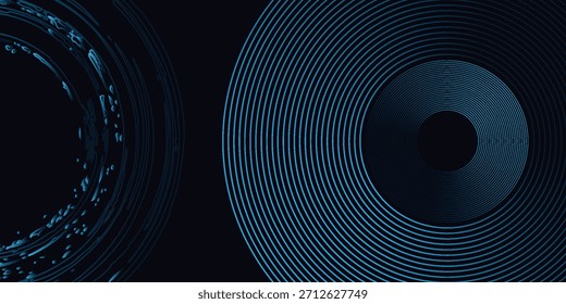 Fundo abstrato azul com círculos brilhantes. Padrão de linhas circulares giratórias. Espiral geométrica. vetor.