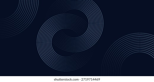 Fundo abstrato azul com círculos brilhantes. Padrão de linhas circulares giratórias. Espiral geométrica. Elemento de giro. Design gráfico moderno. Conceito de tecnologia futurista. Ilustração vetorial