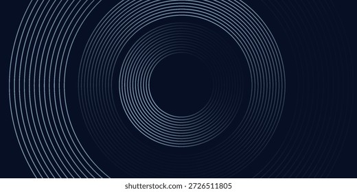 Fundo abstrato azul com círculos brilhantes. Padrão de linhas circulares giratórias. Espiral geométrica. Elemento de giro. Design gráfico moderno. Conceito de tecnologia futurista. Ilustração vetorial.