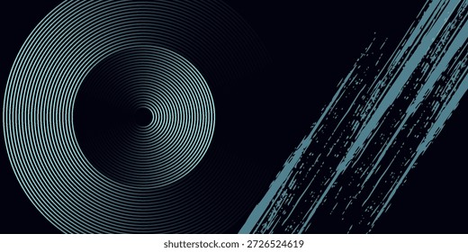 Fundo abstrato azul com círculos brilhantes. Padrão de linhas circulares giratórias. Espiral geométrica. Elemento de giro. Design gráfico moderno. Tecnologia futurista

