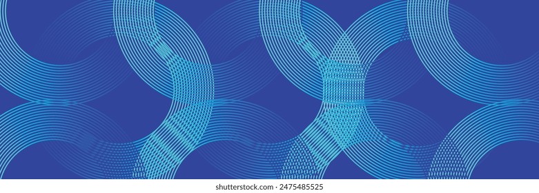 Blue abstract background with glowing lines. Shiny blue circle lines. Geometric lines pattern. Futuristic concept. Suit for wallpaper, cover, header, presentation, website