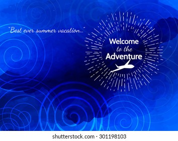 Blue abstract background with grange spirals and typography logo text Welcome to the adventure with hand drawn plane