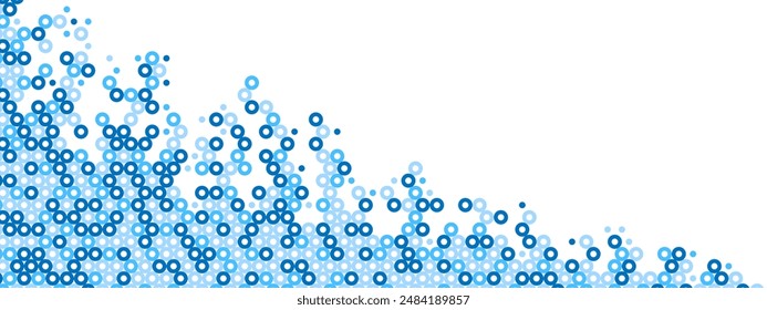 Blue abstract background of hollow dots. Mosaic texture of random particles. Chaotic ornament. Linear pattern. Design of banner, poster on website, social networks. Vector illustration