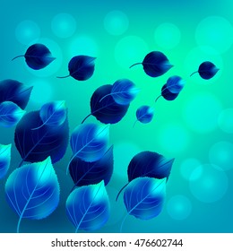 Blue abstract background with blue leaves and lights. Vector illustration.