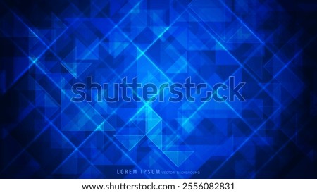 Blue abstract background with modern geometric design, intersecting lines, translucent triangular shapes, overlapping patterns, and glowing lines. Vector illustration