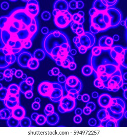 Blue abstract background with neon magenta glowing blobs, bubbles, circles. Vector illustration.