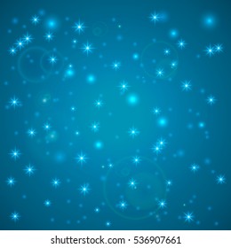 Blue Abstract background. Night sky with stars. Vector illustration. Falling snow. Abstract white glitter snowflake background. Magic Christmas eve snowfall.