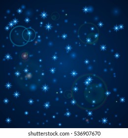 Blue Abstract background. Night sky with stars. Vector illustration. Falling snow. Abstract white glitter snowflake background. Magic Christmas eve snowfall.