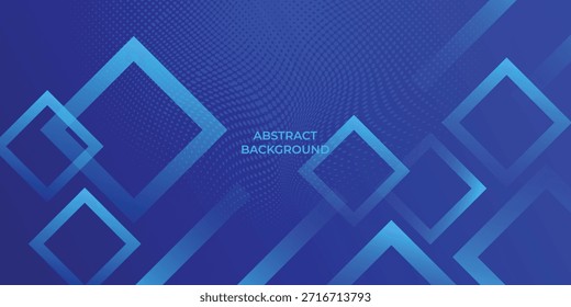 Fondo abstracto azul con cuadrados geométricos superpuestos, patrones de puntos semitonos y líneas diagonales dinámicas que crean una estética de tecnología digital moderna para Anuncios y carteles.