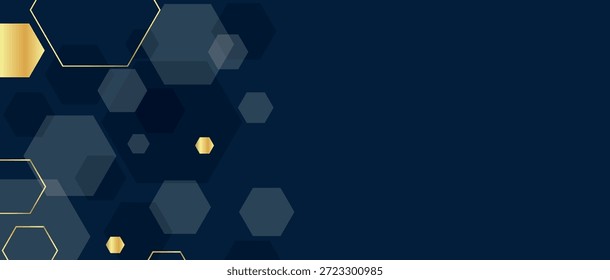 Fundo abstrato azul com sobreposição de decoração de formas hexágono. Design de linha de hexágono luxuoso e moderno para tampa, banner, brochura, marketing e site.