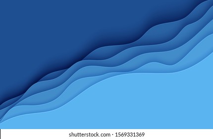 Blue abstract background in paper cut style. Layers of paper wavy water for World Oceans Day 8 June. Vector Earth posters template, ecology brochures, presentations, invitations with place for text