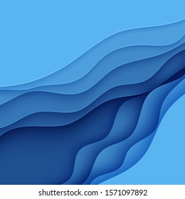 Blue abstract background in paper cut style. Layers of paper wavy water for World Oceans Day 8 June. Vector Earth square posters template, ecology brochures, presentations with place for text