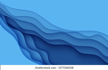Blue abstract background in paper cut style. Layers of paper wavy water for World Oceans Day 8 June. Vector Earth posters template, ecology brochures, presentations, invitations with place for text