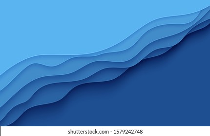 Blue abstract background in paper cut style. Layers of paper wavy water for World Oceans Day 8 June. Vector Earth posters template, ecology brochures, presentations, invitations with place for text.