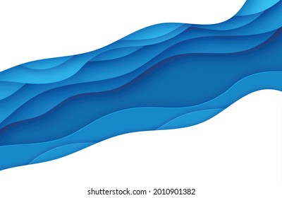 Blue abstract background in paper cut style. Layers of paper wavy water for World Oceans Day 8 June. Vector Earth posters template, ecology brochures, presentations, invitations with place for text.