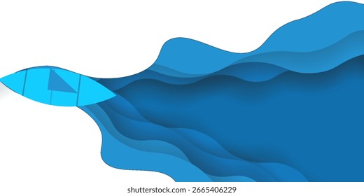 Blue abstract background in paper cut style. Layers of paper wavy water for World Oceans Day 8 June. Vector Earth posters template, ecology brochures, presentations, invitations with place for text.