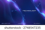 Blue abstract background particle wave flow with artificial intelligence quantum data processing, Futuristic technology banner with glowing digital dot curve pattern, Vector illustration.