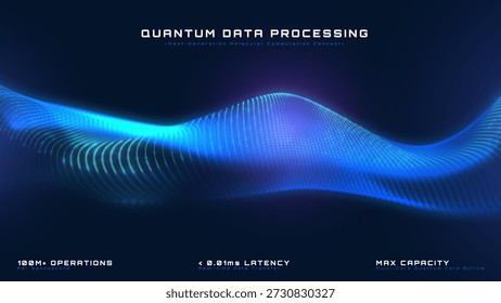 Fluxo de onda de partículas de fundo abstrato azul com processamento de dados quânticos de inteligência artificial, banner de tecnologia futurista com padrão de curva de ponto digital brilhante, ilustração vetorial.