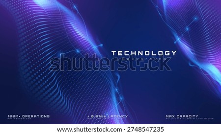 Blue abstract background particle wave flow with artificial intelligence quantum data processing, Futuristic technology banner with glowing digital dot curve pattern, Vector illustration.