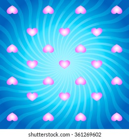 Blue abstract background with pink hearts